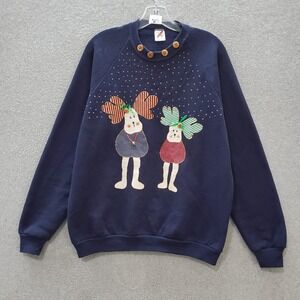 VINTAGE Jerzees Men Sweater XL‎ Navy Holiday Deer Bell Buttons Long Sleeve